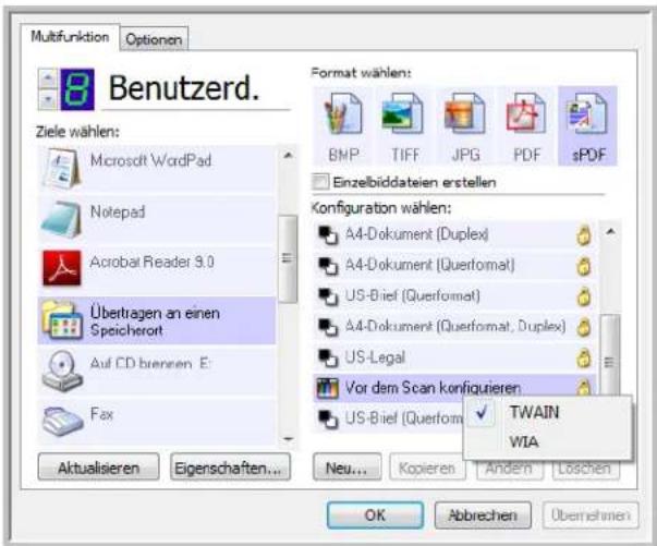 Multifunktion Optionen 8 Benutzerd. Ziele wählen: Microsoft WordPad Notepad Acrobat Reader 3.0 Übertragen an einen Speicherort Auf CD bremsen E: Fax Aktualisieren Eigenschaften... Format wählen: BMP TIFF JPG PDF sPDF Einzelbiddateien erstellen Configuration wählen: A4-Dokument (Duplex) A4-Dokument (Querformat) US-Biel (Querformat) A4-Dokument (Querformat, Duplex) US-Legal Vor dem Scan konfigurieren US-Biel (Querformat TWAIN WIA Neu... Kopieren Andern Löschen OK Abbrechen Übernehmen