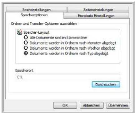 Scanenstellungen Speicheroptionen Enwartete Einstellungen Ordnier und Transfer-Optionen auswählen Speicher-Layout ○ Alle Dokumente sind im Stammordner ○ Dokumente werden in Ordnern nach Monaten abgelegt ○ Dokumente werden in Ordnern nach Wochen abgelegt ○ Dokumente werden in Ordnern nach Typ abgelegt Speicherort C:\ Durchsuchen OK Abbrachen Übemehmen