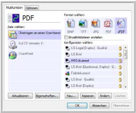 Mutterfunktion Optionen PDF Ziele wählen: Übertragen an einen Speicherom Aut CD brennen E: SharePoint Aktualisieren Eigenschaften... Format wählen: BMP TIFT JPG PDF PDF Einzelbilddatiein erstellen Konfiguration wählen: US-Legal (Duplex) - Qualità US-Brief A4 Dokument US-Brief (Quaformat, Duplex) - Q... Fabdokument US-Brief - Qualità US-Brief (Duplex) OK Abbrevchen Übernehmen