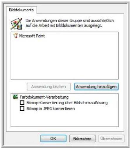 Bilddokumente Die Anwendungen dieser Gruppe sind ausschließlich auf die Arbeit mit Bilddokumenten ausgelegt. Microsoft Pant Anwendung löschen Anwendung hinzufügen Farbdokument-Verarbeitung Bitmap-Konverterung über Bildschirmauflosung Bitmap in JPEG konverteren OK Abbrechen Übemehmen