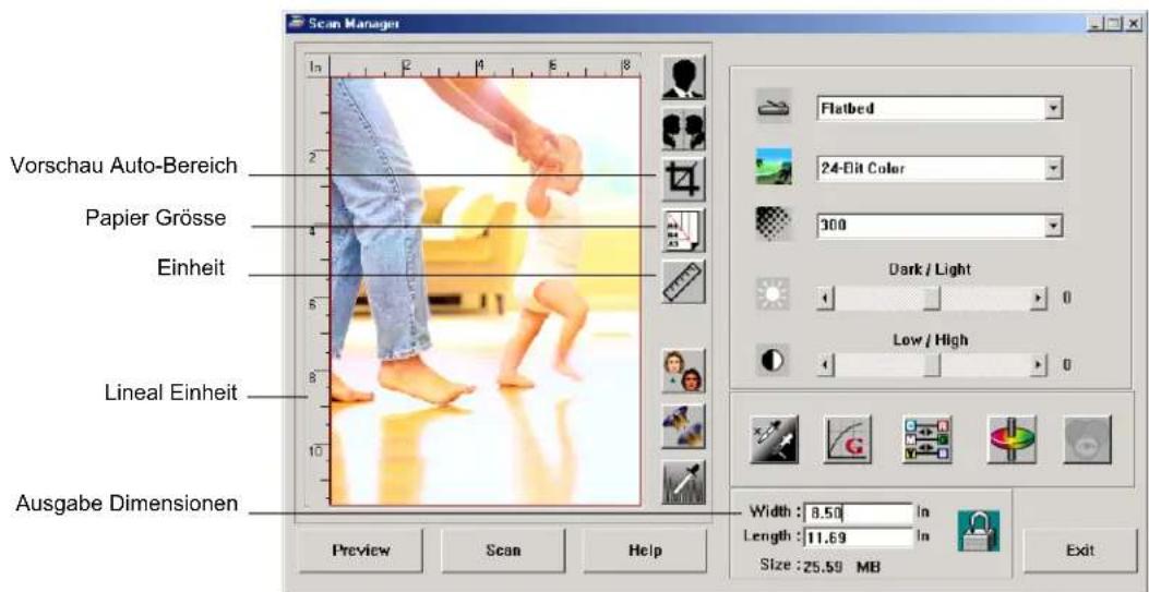 Scan Manager Vorschau Auto-Bereich Papier Grösse Einheit Lineal Einheit Ausgabe Dimensionen Preview Scan Help Flatbed 24-Blt Color 300 Dark / Light 0 Low / High Width : 8.50 in Length : 11.69 in Size : 25.59 MB Exit