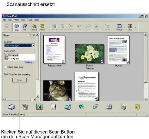 Scanausschnitt ersetzt PaperPort File Edit View Jam Tools Help Scan Scaner Document Photograph Selection... Single page items Click 'Scan' is start scanning. Scan Release Noise Remove Password Kowls PaperPort 9 Wakka? Klicken Sie auf diesen Scan Button um den Scan Manager aufzurufen. Folder Samples (S items)