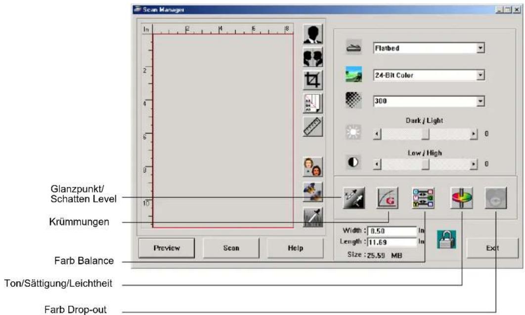 Scan Manager In 2 4 6 8 2 4 6 8 10 Glanzpunkt/ Schatten Level Krümmungen Preview Scan Help Farb Balance Ton/Sättigung/Leichtheit Farb Drop-out Flatbed 24-Bit Color 300 Dark / Light Low / High Width : 8.50 In Length : 11.69 In Size : 25.59 MB Ext