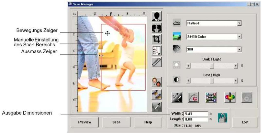Scan Manager Bewegungs Zeiger Manuelle Einstellung des Scan Bereichs Ausmass Zeiger Ausgabe Dimensionen Preview Scan Help Flatbed 24-Elit Color 300 Dark / Light Low / High Width : 5.43 in Length : 8.08 in Size : 11.30 MB Exit