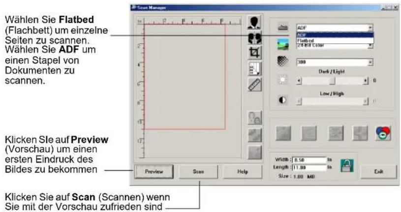 Wählen Sie Flatbed (Flachbett) um einzelne Seiten zu scannen. Wählen Sie ADF um einen Stapel von Dokumenten zu scannen. Klicken Sie auf Preview (Vorschau) um einen ersten Eindruck des Bildes zu bekommen Preview Scan Help Width: 8.50 in Length: 11.93 in Size: 1.00 MB Exit Klicken Sie auf Scan (Scannen) wenn Sie mit der Vorschau zufrieden sind