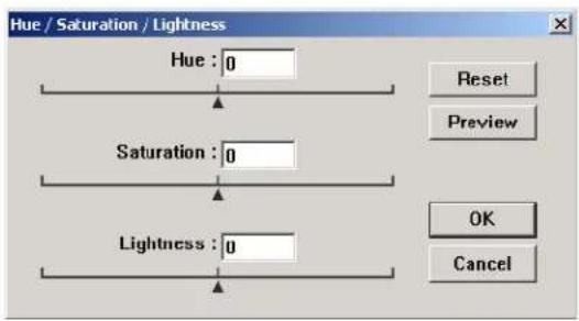 Hue / Saturation / Lightness Hue : 0 Saturation : 0 Lightness : 0 Reset Preview OK Cancel