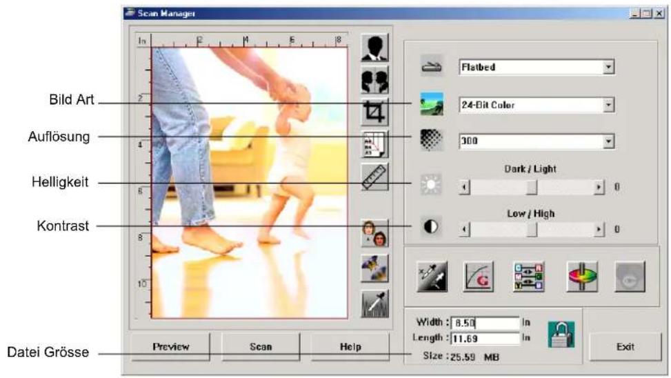 Scan Manager In F M E 8 Bild Art 2 Auflösung 4 Helligkeit 6 Kontrast 8 Datei Grösse Preview Scan Help Flatbed 24-Bit Color 300 Dark / Light 0 Low / High 0 Width : 8.50 In Length : 11.69 In Size : 25.59 MB Exit
