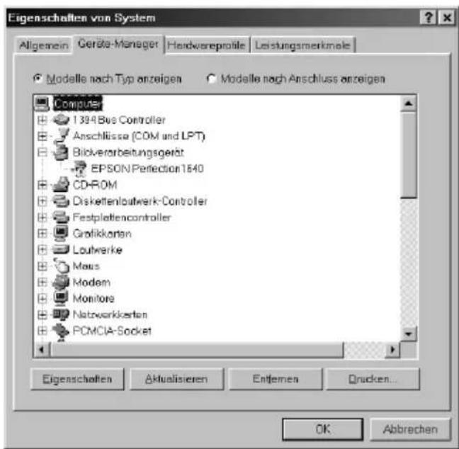 Eigenschaften von System Allgemein Geräte-Manager Handwereprofile Leistungsmerkmale ● Modelle nach Typ anzeigen ○ Modelle nach Anschluss anzeigen Computer 1394 Bus Controller Anschlüsse (COM und LPT) Blickverarbeitungsgerät EPSON Perfection 1640 CD-ROM Diskettenlaufwerk-Controller Festplattencontroller Grafikkarten Loutwerke Maus Modem Monitors Netzwerkerten PCMCIA-Socket Eigenschaften Aktualisieren Entlemen Drucken... OK Abbrevchen