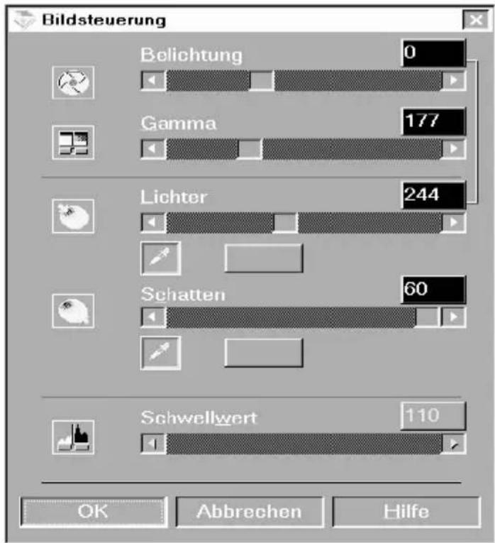 Bildsteuerung Belichtung 0 Gamma 177 Lichter 244 Schatten 60 Schwellwert 110 OK Abbrechen Hilfe