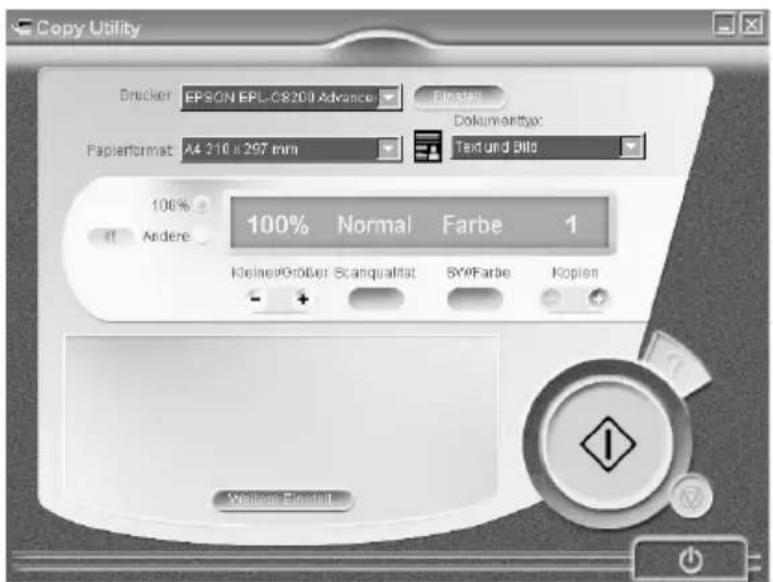 Copy Utility Brucker EPSON EPL-C8200 Advance Einsteil Dokunwertlöse: Papierformat A4 216 x 297 mm Text und Bild 100% Andere 100% Normal Farbe 1 Köllner/Größer Scanqualität SYFFarbe Kopien - + Vorüber Einsteil