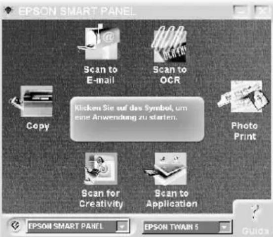 EPSON SMART PANEL Scan to E-mail Scan to OCR Copy Klicken Sie auf das Symbol, um eine Anwendung zu starten. Photo Print Scan for Creativity Scan to Application EPSON SMART PANEL EPSON TWAIN 5 Guide