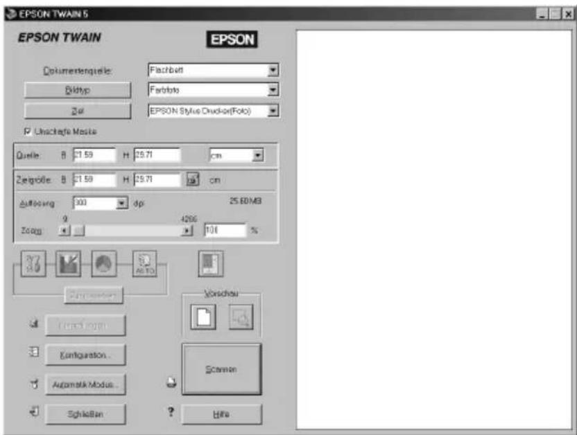 EPSON TWAIN 5 EPSON TWAIN Dokumentenquote: Flachbatt Bildtyp Faktato Zer EPSON Style Druckor(Folo) Unsichete Mesite Quelle: B 21.59 H 25.71 cm Zestigöhe: B 21.59 H 25.71 cm Abföhung: 300 dpi 25.60 MB Zoog: 9 4296 104 % Vorschau Configuration... Automark Modus... Schleßan Scanen Hita
