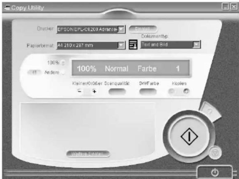Copy Utility Drucker: EPSON EPL-C8200 Advanced Einstell Dokumenttyp: Papierformat: A4 210 x 297 mm Text und Bild 100% Andere 100% Normal Farbe 1 Kleiner/Größer Strangqualität SW/Farbe Kopien Vorräse Singell