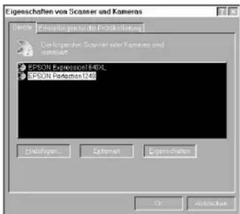 Eigenschaften von Scanner und Kameras Geräte: Einzahlungen für die Projektiführung Die folgender Scanner oder Kameras und instelliert. EPSON Expression1640XL EPSON Partaction1240 Einstituten... Extenseln Eigenschaften Of Abstrichen