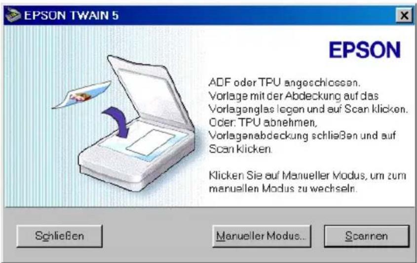 EPSON TWAIN 5 EPSON ADF oder TPU angeschlossen. Vorlage mit der Abdeckung auf das Vorlagenglas legen und auf Scan klicken. Oder: TPU abnehmen, Vorlagenabdeckung schließen und auf Scan klicken. Klicken Sie auf Manueller Modus, um zum manuellen Modus zu wechseln. Schließen Manueller Modus... Scannen