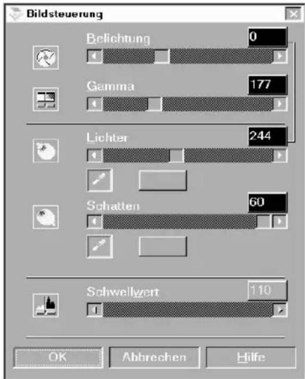 Bildsteuerung Belichtung 0 Gamma 177 Lichter 244 Schatten 60 Schwellwert 110 OK Abbrechen Hilfe