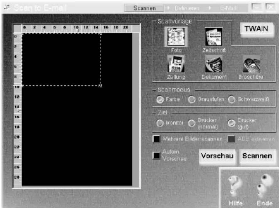 Scan to E-mail Scanen Definen E-Mail Scanvorlage TWAIN Foto Zeitschrift Zeitung Dokument Broschüre Scanmodus Farbe Graustufen Schwarzweiß Ziel Monitor Drucker (normal) Drucker (gut) Mehrere Bilder-scannen ADE aktivieren Autom Vorschau Vorschau Scannen Hilfe Ende