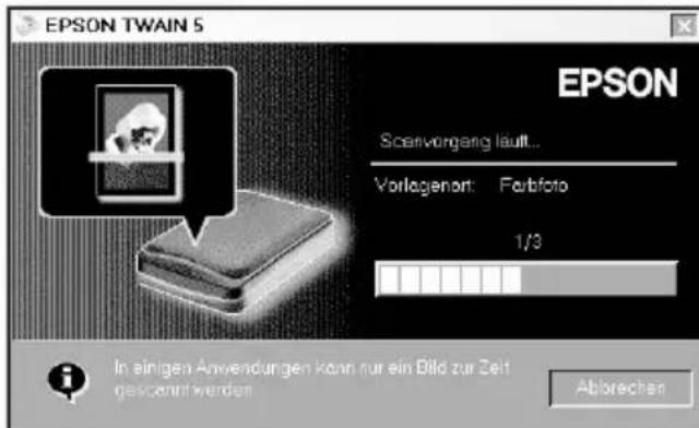EPSON TWAIN 5 EPSON Scaenvorgang läuft... Vorlagenart: Farbfoto 1/3 In einigen Anwendungen kann nur ein Bild zur Zeit gesetzt werden Abbrechen