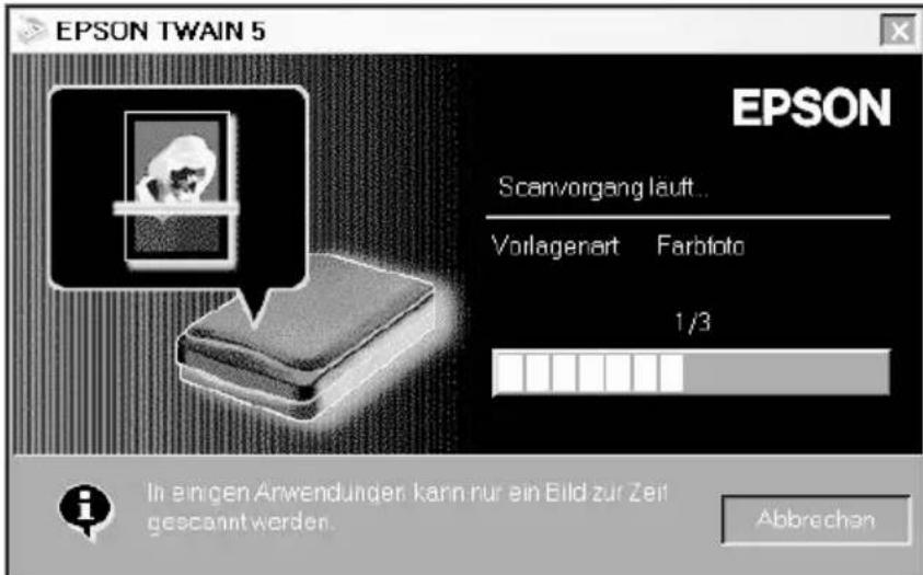 EPSON TWAIN 5 EPSON Scanvorgang läuft... Vorlagenart Farbloto 1/3 In einigen Anwendungen kann nur ein Bild zur Zeit gescannt werden. Abbrechen