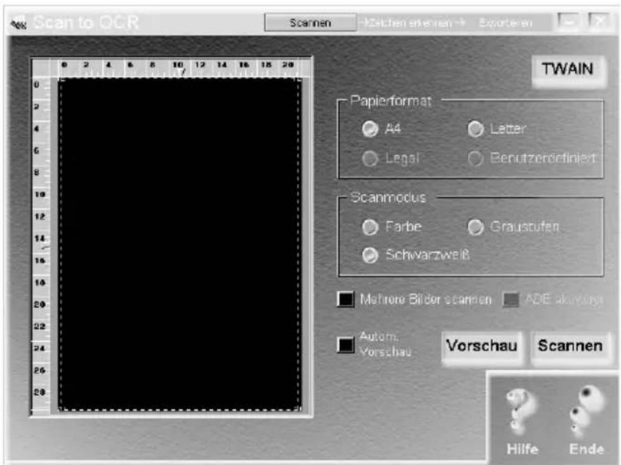 Scan to OCR Scanen - Züchen erlehen → Exporten TWAIN Papierformat A4 Letter Legal Benutzerdefiniert Scanmodus Farbe Graustufen Schwarzweiß Mehrere Bilder scanned ADE akvirkung Autom. Vorschau Vorschau Scannen Hilfe Ende