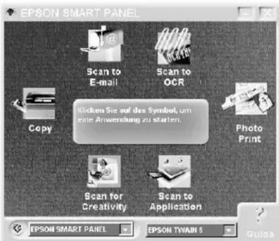 EPSON SMART PANEL Scan to E-mail Scan to OCR Copy Klicken Sie auf das Symbol, um eine Anwendung zu starten. Photo Print Scan for Creativity Scan to Application EPSON SMART PANEL EPSON TWAIN 5 Guide