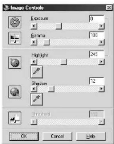 Image Controls Exposure 0 Gamma 100 Highlight 245 Shadow 12 Threshold 770 OK Cancel Help