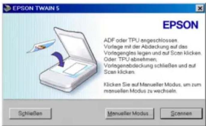 EPSON TWAIN 5 ADF oder TPU angeschlossen. Vorlage mit der Abdeckung auf das Vortegengles legen und auf Scan klicken. Oder: TPU abnehmen; Vorlagenabdeckung schließen und auf Scan klicken. Klicken Sie auf Manueller Modus, um zum manuellen Modus zu wechseln. Schließen Manueller Modus Scannen