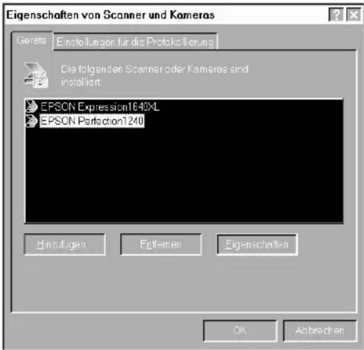 Eigenschaften von Scanner und Kameras Geräte Einstellungen für die Protokolierung Die folgenden Scanner oder Kameras sind installiert EPSON Expression1640XL EPSON Perfection1240 Hinzufügen... Entfernen Eigenschaften OK Abbrachen