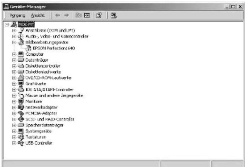 Gerate-Manager Vorgang Ansicht MICE-NT Anschlussie (COM und LPT) Audio-, Video- und Gamecontroller Bildbearbeitungsgeräte EPSON Perfection1640 Computer Datenträger Diskettencontroller Diskettenlaufwerke DVD/CD-ROM-Laufwerke Grafikkarte IDE ATA/ATAPI-Controller Mäuse und andere Zeigegeräte Monitore Netzwerkadopter PCMCIA-Adapter SCSI- und RAID-Controller Speichardatenbräger Systangeräte Testaturan USB-Controller