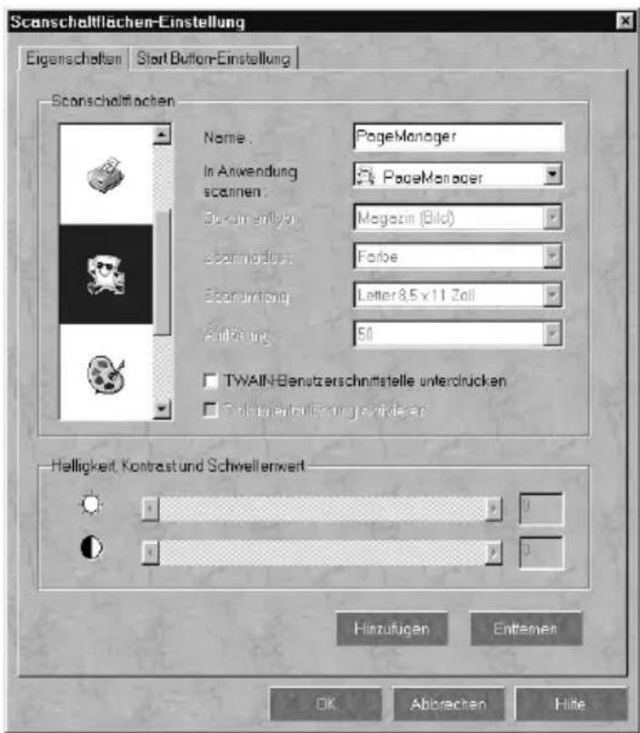 Scanschaltflächen-Einstellung Eigenschaften Start Button-Einstellung Scanschaltflächen Name: PageManager In Anwendung scannen: PageManager Südern entfjahr: Magazin (Bild) Econrichtung: Farbe Econrichtung: Letter 8.5 x 11 Zoll Äfförung: 50 TWAIN-Benutzerschnittstelle unterdrücken Einkrementerträge inkleder Helligkeit, Kontrast und Schwellenwert Hinzufügen Entremen OK Abtrechen Hitie