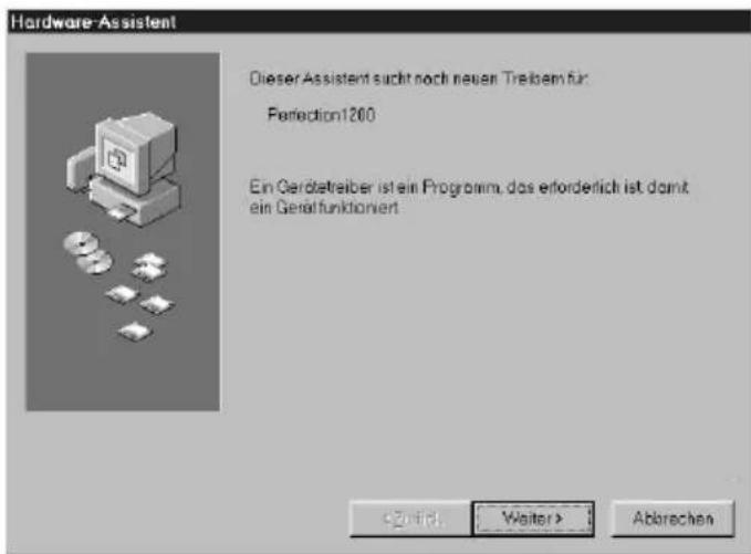Hardware-Assistent Dieser Assistent sucht noch neuen Treibem für: Parfection1200 Ein Gerdetreiber ist ein Programm, das erforderlich ist damit ein Geraffunktioniert. < Back Next > Abrechen