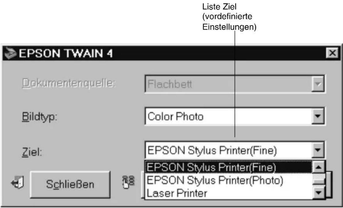 Liste Ziel (vordefinierte Einstellungen) EPSON TWAIN 4 Dokumentenquelle: Flachbett Bildtyp: Color Photo Ziel: EPSON Stylus Printer(Fine) Schließen EPSON Stylus Printer(Fine) EPSON Stylus Printer(Photo) Laser Printer