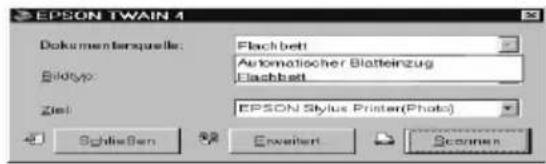 EPSON TWAIN 4 Dokumentersquelle: Flachbett Automatischer Blatteinzug Blotyp: Flachbett Ziel: EPSON Stylus Printer(Photo) Schließen Erweitert Scannen