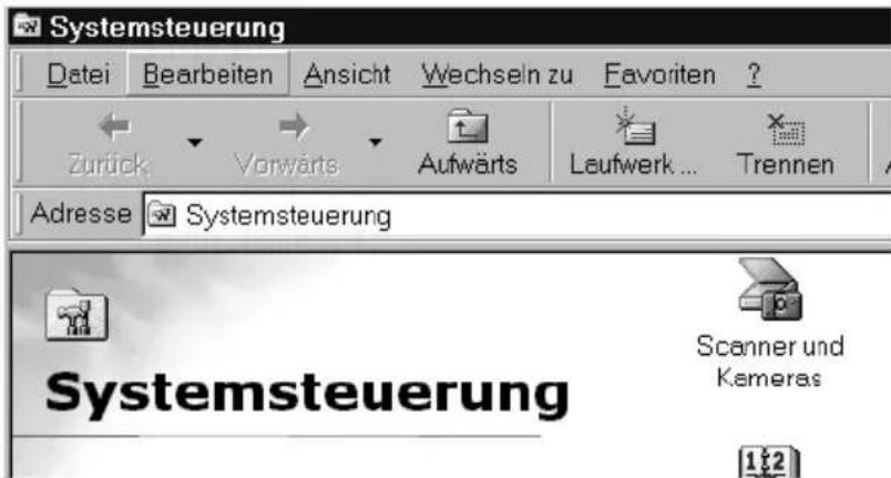 Systemsteuerung Datei Bearbeiten Ansicht Wechseln zu Favoriten ? Zurück Vorwärts Aufwärts Leufwerk ... Trennen Adresse Systemsteuerung Systemsteuerung Scanner und Kameras 1:2