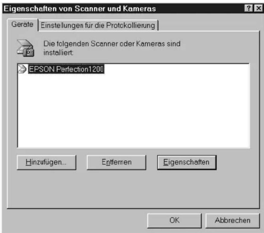 Eigenschaften von Scanner und Kameras Geräte Einstellungen für die Protokollierung Die folgenden Scanner oder Kameras sind installiert EPSON Perfection1200 Hinzufügen... Entfernen Eigenschaften OK Abbrechen