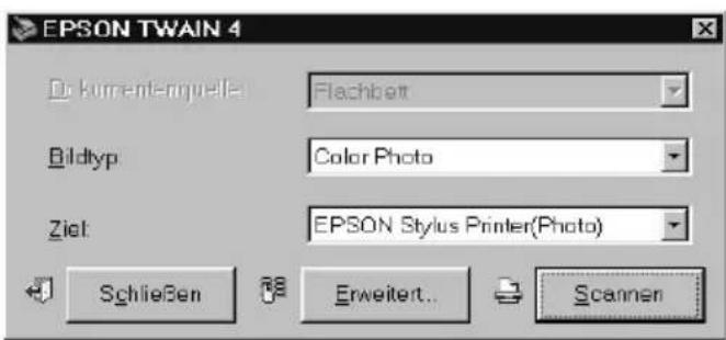 EPSON TWAIN 4 Dokurrentenquelle: Flachbet Bildtyp: Color Photo Ziel: EPSON Stylus Printer(Photo) Schließen Erweitert... Scanner