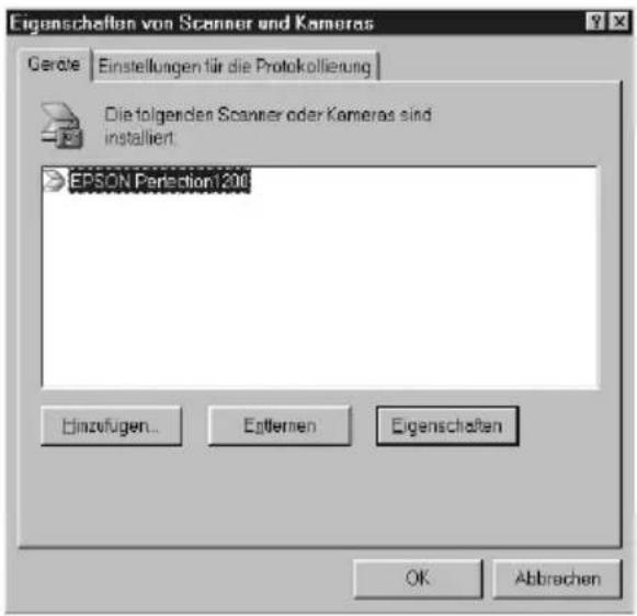 Eigenschaften von Scanner und Kameras Geräte Einstellungen für die Protokolierung Die folgenden Scanner oder Kameras sind installiert. EPSON Perfection1200 Einzufügen... Entlieren Eigenschaften OK Abbrachen