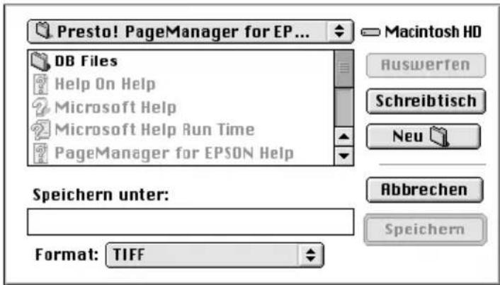 Presto! PageManager for EP... DB Files Help On Help Microsoft Help Microsoft Help Run Time PageManager for EPSON Help Speichern unter: Format: TIFF Macintosh HD Auswerten Schreibtisch Neu Abbrechen Speichern