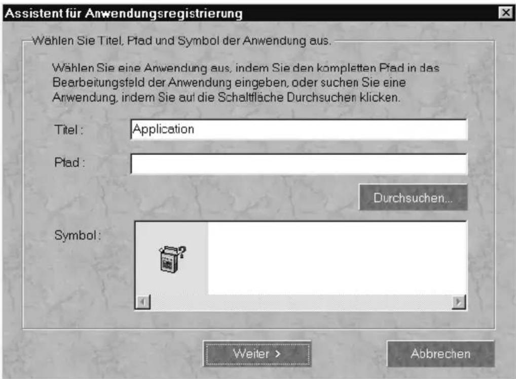 Assistent für Anwendungsregistrierung Wählen Sie Titel, Plad und Symbol der Anwendung aus. Wählen Sie eine Anwendung aus, indem Sie den kompletten Plad in das Bearbeitungsfeld der Anwendung eingeben, oder suchen Sie eine Anwendung, indem Sie auf die Schaltfläche Durchsuchen klicken. Titel: Application Plad: Durchsuchen... Symbol:
