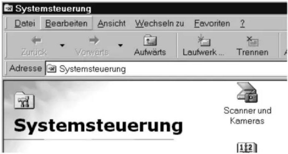 Systemsteuerung Datei Bearbeiten Ansicht Wechseln zu Favoriten ? Zurück Vorwärts Aufwärts Laufwerk ... Trennen Adresse Systemsteuerung Systemsteuerung Scanner und Kameras 1/2