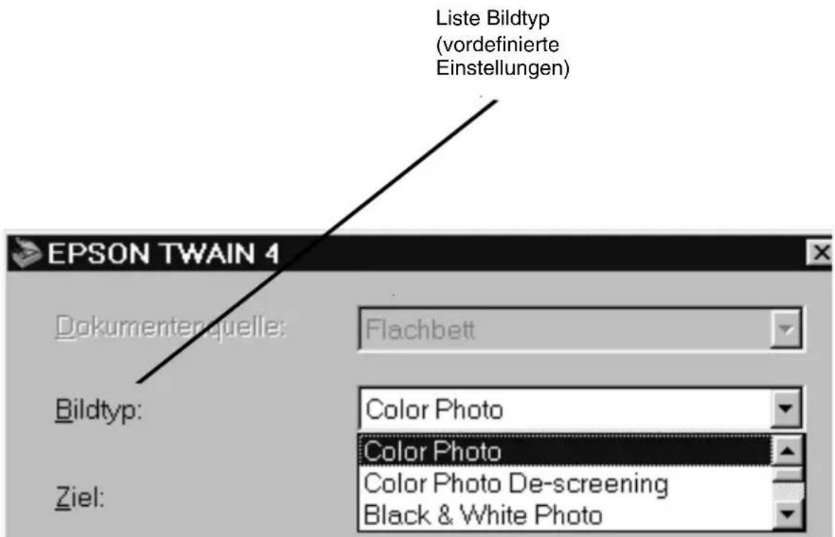 Liste Bildtyp (vordefinierte Einstellungen) EPSON TWAIN 4 Dokumenterquelle: Flachbett Bildtyp: Color Photo Color Photo Ziel: Color Photo De-screening Black & White Photo