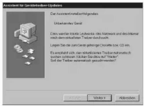 Assistent für Gerätebreiber-Updates Der Assistent installiert erfolgendes: Unbekamtes Gerät Das werden lokale Networka des Network und des Informar nach demaktialsten Treiber durch sucht. Legen Sie die zum Gerät gehörige Diskette bzw. CD ein. Es empfahrt sich der aktuellische Treiber automatisch suches zu können können Sie dazu auf "Wear". Soll der Treiber automatisch gesuchrieben? OK OK Finish > Abbrachten