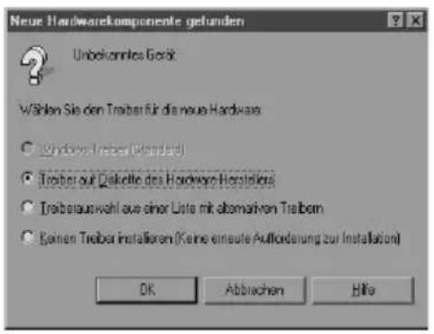 Neue Hardwarecomponente gefunden Unbekonnles Gerät Wählen Sie den Trober für die neue Hardware Windows Treiber (Standard) Trober auf Detette des Hardware Hersteller Troberauswahl aus einer Liste mit abtomarken Treibem Kanten Trober installieren (Keine einsuite Aufkorderung zur Installation) OK Abbrachen Hills