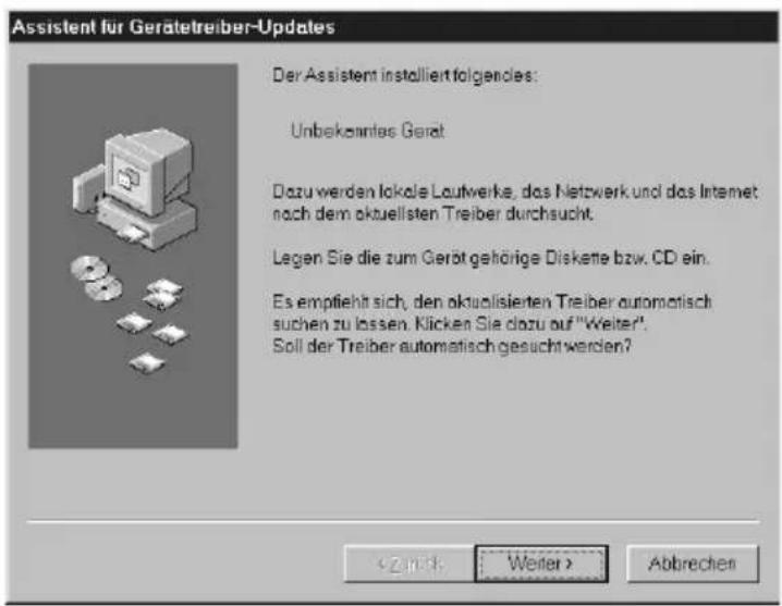 Assistent für Gerätetreiber-Updates Der Assistent installiert folgendes: Unbekenntes Gerät Dazu werden lokale Lautwerke, das Netzwerk und das Internet nach dem aktuellsten Treiber durchsucht. Legen Sie die zum Gerät gehörige Diskette bzw. CD ein. Es empfiehlt sich, den aktualisierten Treiber automatisch suchen zu lassen. Klicken Sie dazu auf "Weiter". Soll der Treiber automatisch gesucht werden? < Zurich > Weiter > Abbrevchen