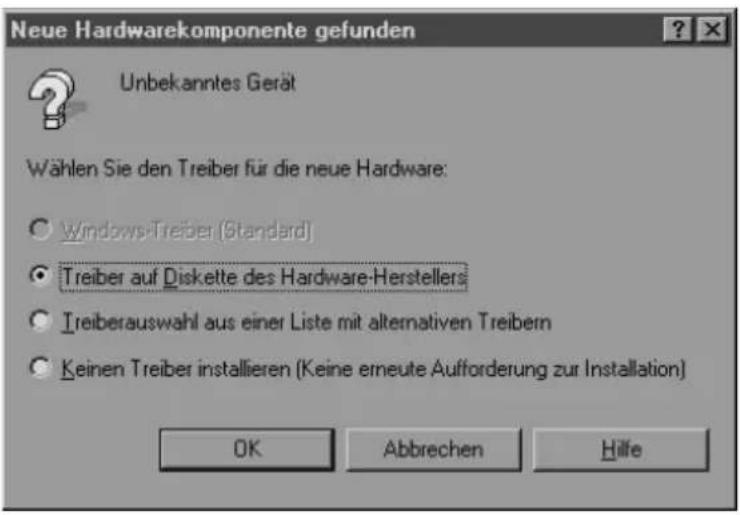 Neue Hardwarekomponente gefunden Unbekanntes Gerät Wählen Sie den Treiber für die neue Hardware: ○ Windows-Treiber (Standard) ● Treiber auf Diskette des Hardware-Herstellers ○ Treiberauswahl aus einer Liste mit alternativen Treibern ○ Keinen Treiber installieren (Keine erneute Aufforderung zur Installation) OK Abbrechen Hilfe