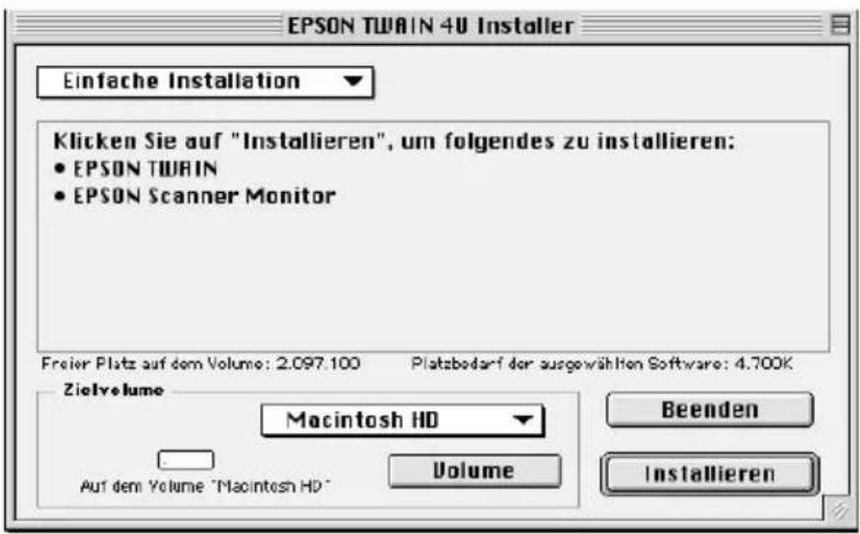 EPSON TIWIN 40 Installer Einfache Installation Klicken Sie auf "Installieren", um folgendes zu installieren: • EPSON TIWIN • EPSON Scanner Monitor Freier Platz auf dem Volume: 2.097.100 Platzbedarf der ausgewählten Software: 4.700K Zielvolume Macintosh HD Auf dem Volume "Macintosh HD" Volume Beenden Installieren