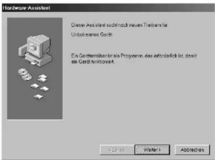Hardware-Assistent Dieser Assistent sucht noch neuen Treitbener für. Unbekennes Gerät Ein Gerätetrisiber ist ein Programm, das erforderlich ist, damit ein Gerät funktioniert. < img src: Walter > Abbrachen