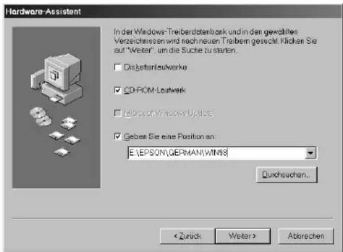 Hardware-Assistent In der Windows-Treiberdotank und in den gewählten Verzeichnissen wird nach neuen Treibern gesucht. Klicken Sie auf "Weiter", um die Suche zu starten. Disketankoverka CD-ROM-Lowwerk Bilbert-Windows Update Gebert Sie eine Position an: E:\EPSON\GEIPMAN\WIN98 Durchsuchen... < Zurück Weiter > Abgerechen