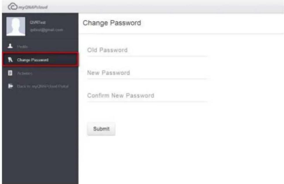 myQNAPscloud QVRTest qtest@gmail.com Help Change Password Old Password New Password Confirm New Password Submit