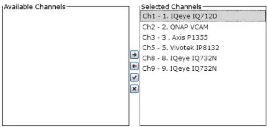 Available Channels Selected Channels Ch1 - 1. IQeye IQ712D Ch2 - 2. QNAP VCAM Ch3 - 3. Axis P1355 Ch5 - 5. Vivotek IP8132 Ch8 - 8. IQeye IQ732N Ch9 - 9. IQeye IQ732N